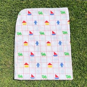 VTG‎ Primary Color Grid Pattern Flannel Receiving Blanket Sailboat Bears Trains